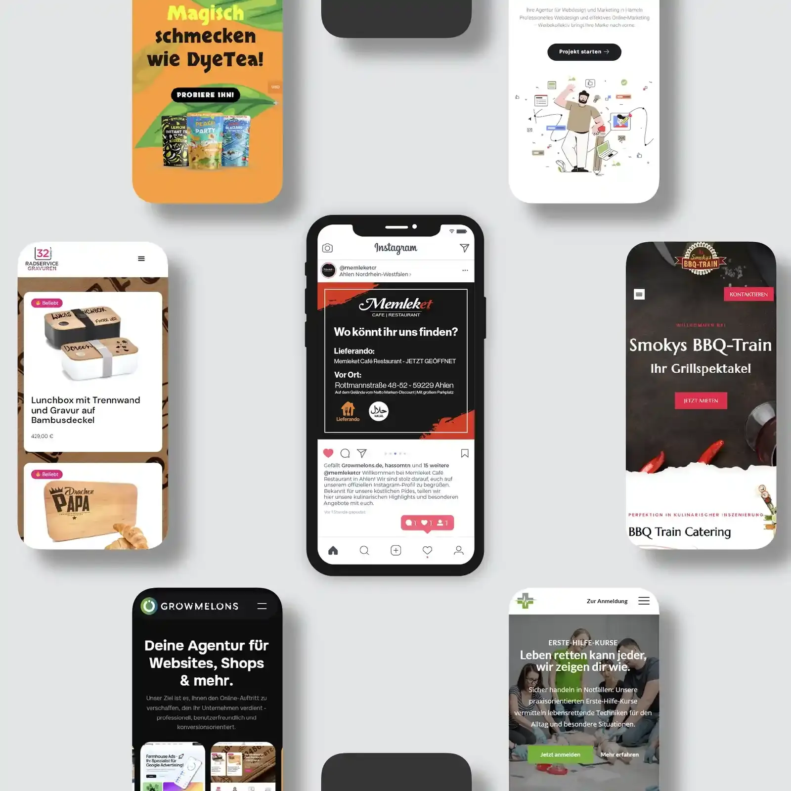 Smartphone-Mockups mit von Nextgency betreuten Social-Media-Profilen